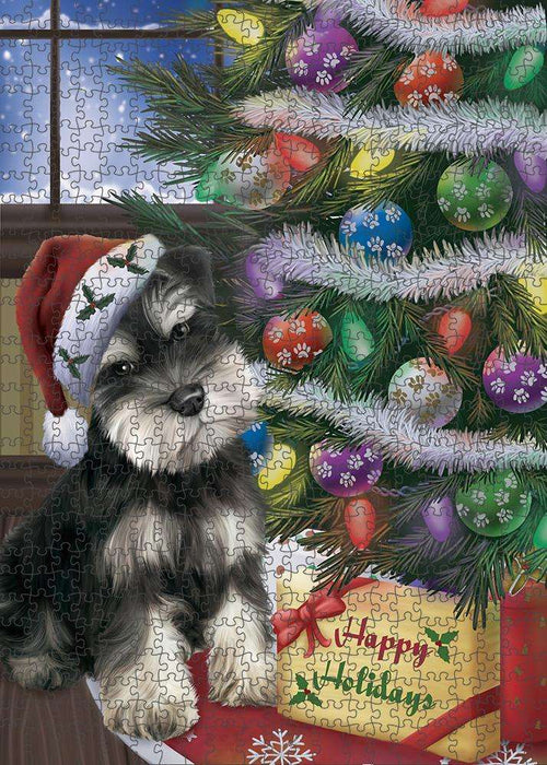 Christmas Happy Holidays Schnauzer Dog with Tree and Presents Puzzle with Photo Tin PUZL82568