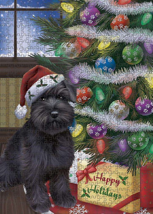 Christmas Happy Holidays Schnauzer Dog with Tree and Presents Puzzle with Photo Tin PUZL82572