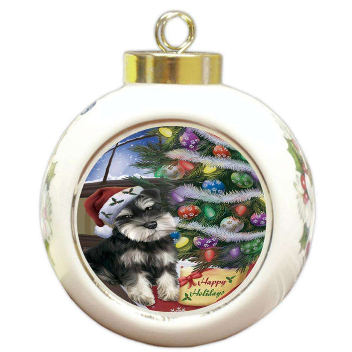 Christmas Happy Holidays Schnauzer Dog with Tree and Presents Round Ball Christmas Ornament RBPOR53853