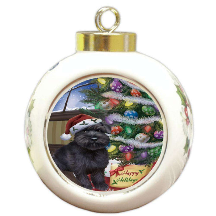 Christmas Happy Holidays Schnauzer Dog with Tree and Presents Round Ball Christmas Ornament RBPOR53854