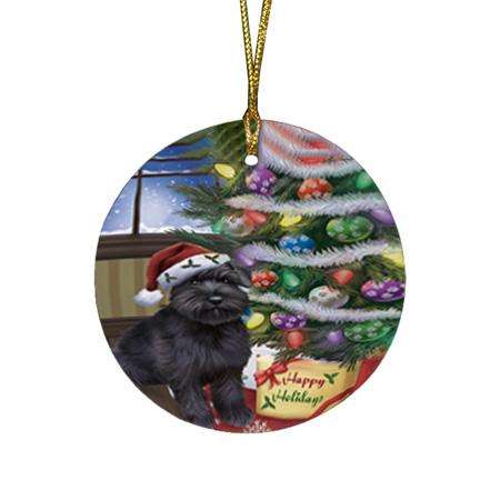 Christmas Happy Holidays Schnauzer Dog with Tree and Presents Round Flat Christmas Ornament RFPOR53845
