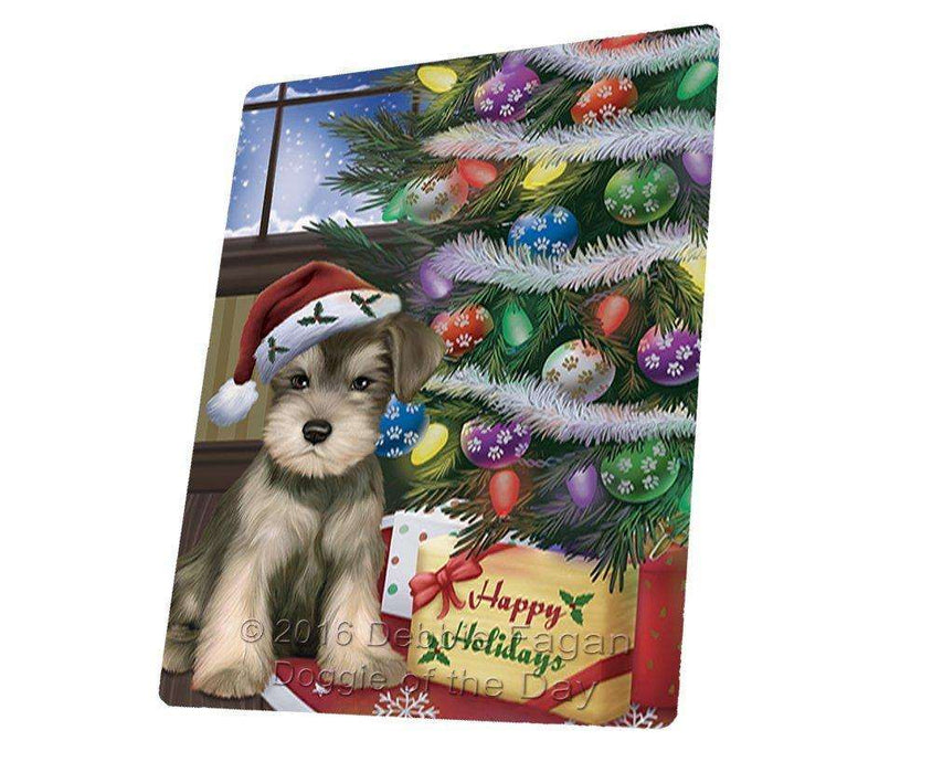 Christmas Happy Holidays Schnauzers Dog with Tree and Presents Art Portrait Print Woven Throw Sherpa Plush Fleece Blanket