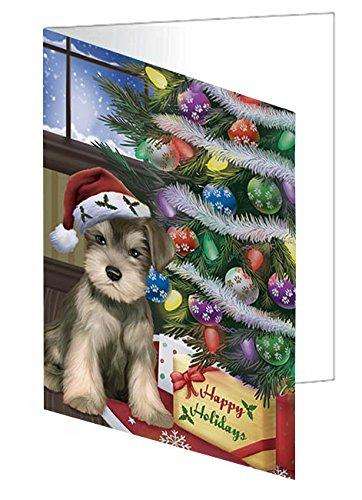 Christmas Happy Holidays Schnauzers Dog with Tree and Presents Handmade Artwork Assorted Pets Greeting Cards and Note Cards with Envelopes for All Occasions and Holiday Seasons