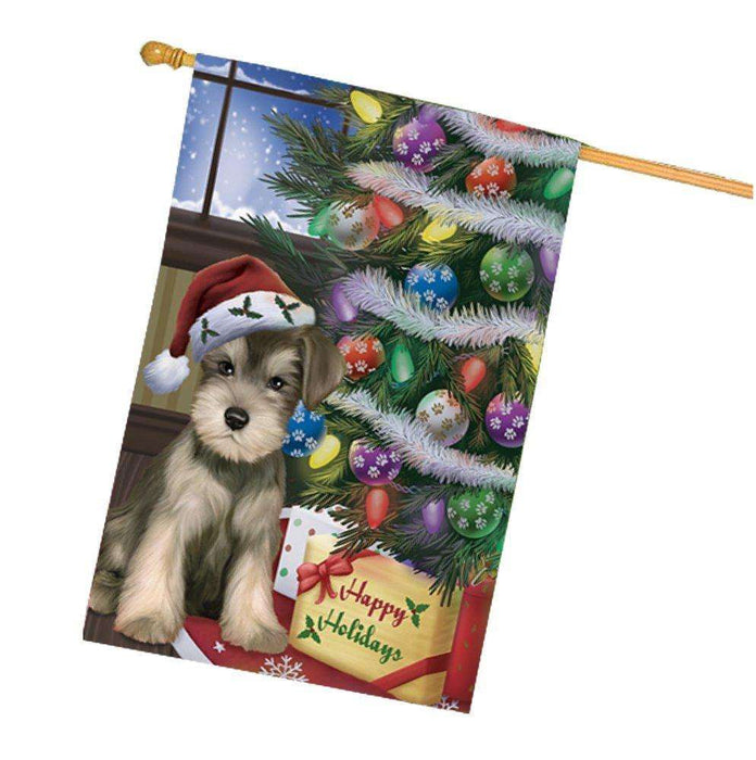 Christmas Happy Holidays Schnauzers Dog with Tree and Presents House Flag