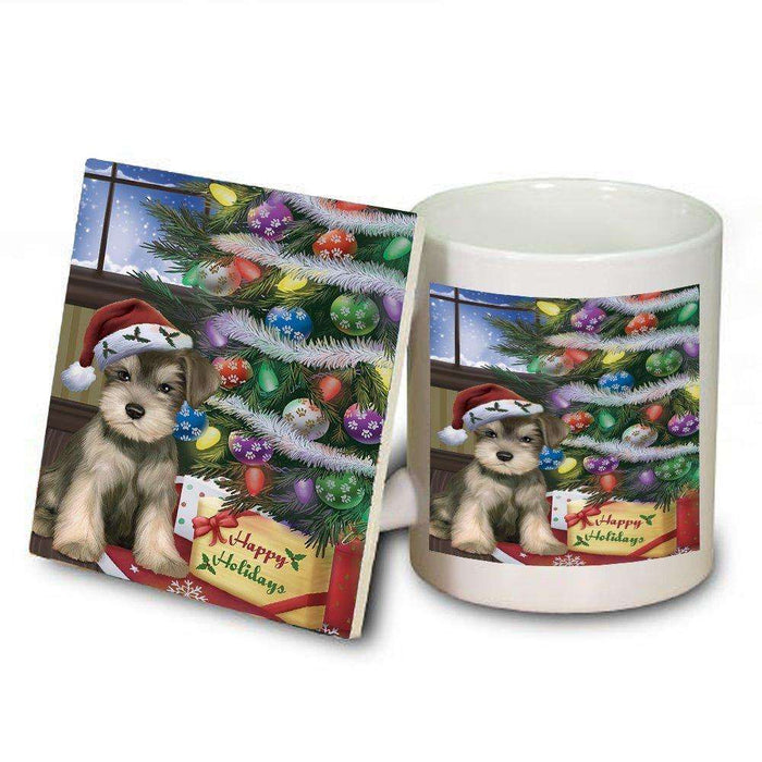 Christmas Happy Holidays Schnauzers Dog with Tree and Presents Mug and Coaster Set