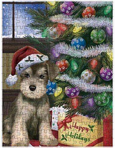 Christmas Happy Holidays Schnauzers Dog with Tree and Presents Puzzle with Photo Tin