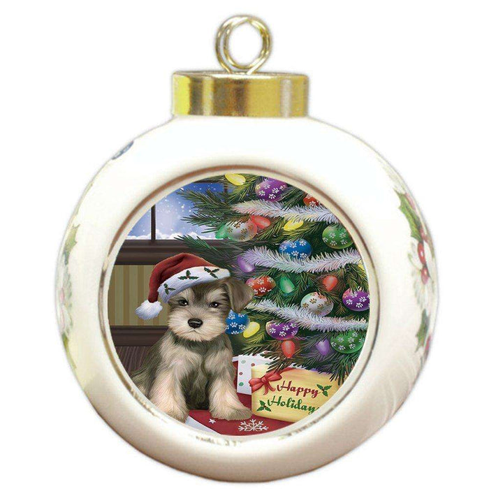 Christmas Happy Holidays Schnauzers Dog with Tree and Presents Round Ball Ornament