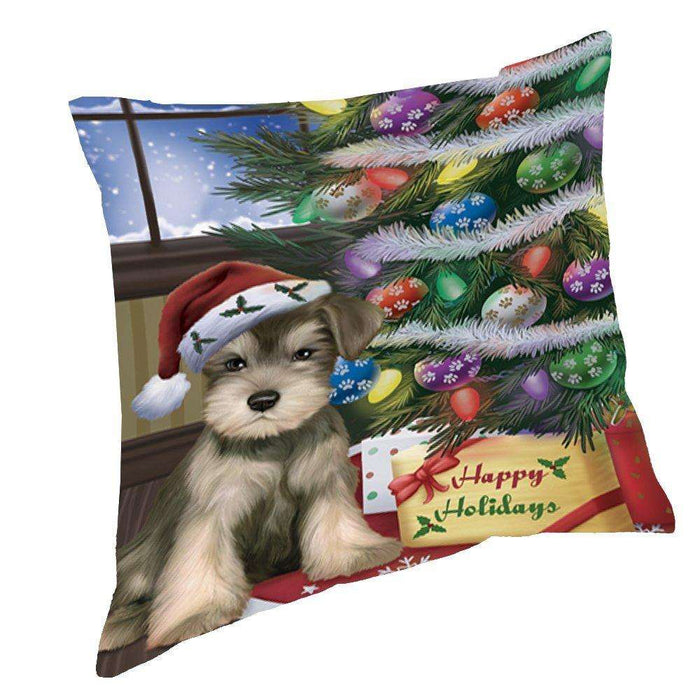 Christmas Happy Holidays Schnauzers Dog with Tree and Presents Throw Pillow