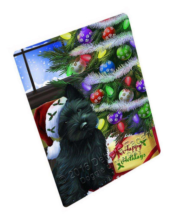Christmas Happy Holidays Scottish Terrier Dog with Tree and Presents Art Portrait Print Woven Throw Sherpa Plush Fleece Blanket