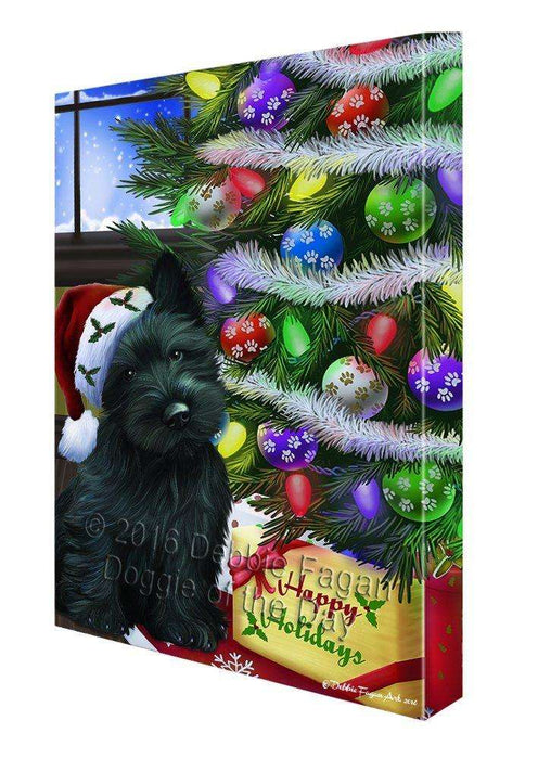 Christmas Happy Holidays Scottish Terrier Dog with Tree and Presents Canvas Wall Art