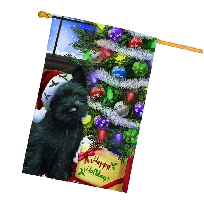 Christmas Happy Holidays Scottish Terrier Dog with Tree and Presents House Flag