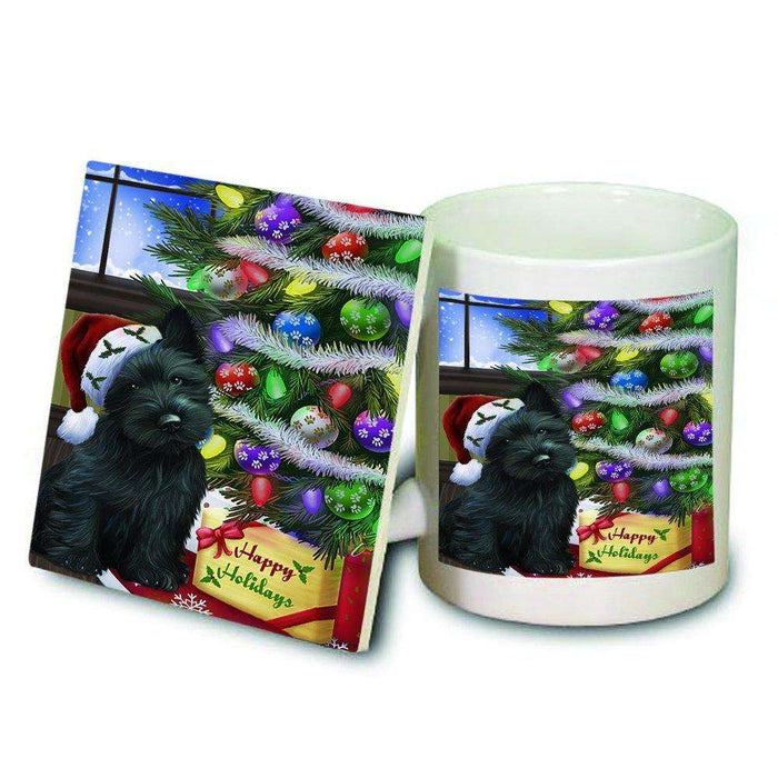 Christmas Happy Holidays Scottish Terrier Dog with Tree and Presents Mug and Coaster Set