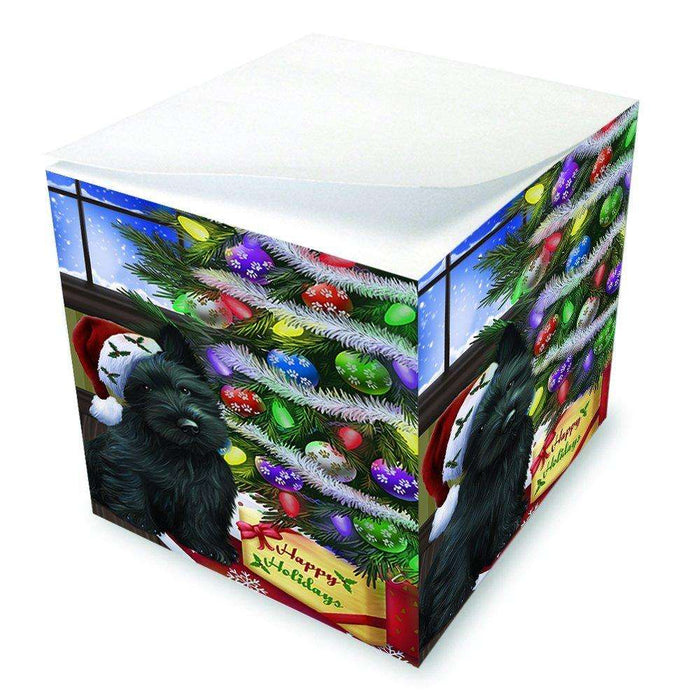 Christmas Happy Holidays Scottish Terrier Dog with Tree and Presents Note Cube D046