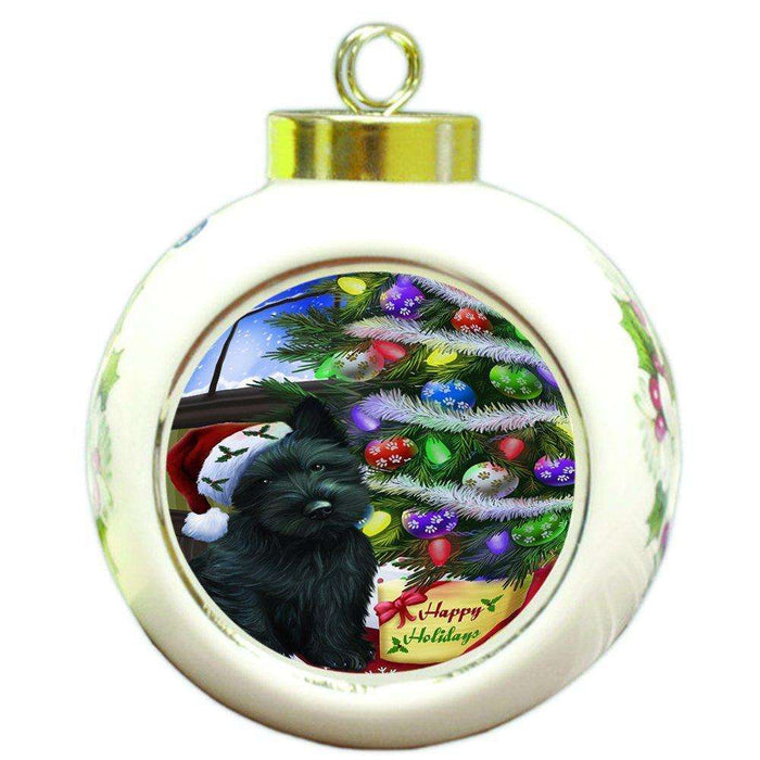 Christmas Happy Holidays Scottish Terrier Dog with Tree and Presents Round Ball Ornament D050