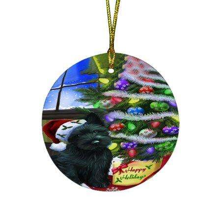 Christmas Happy Holidays Scottish Terrier Dog with Tree and Presents Round Ornament D050