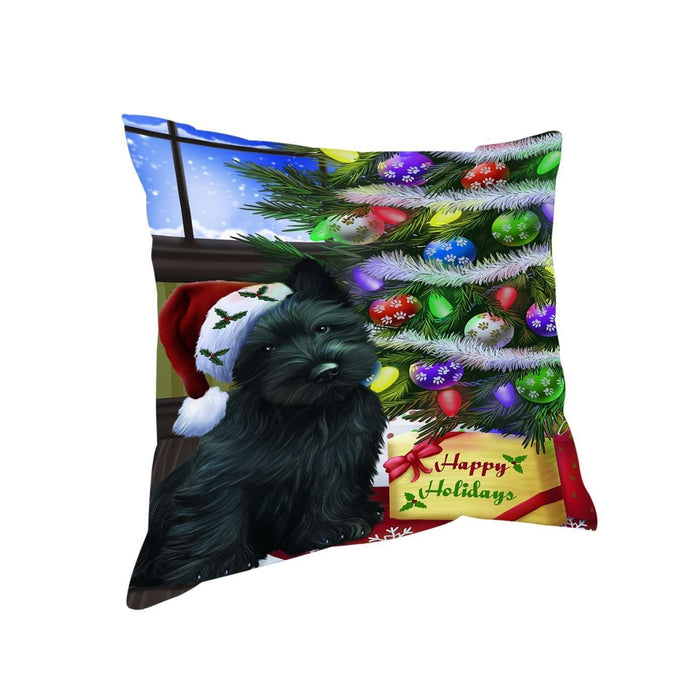 Christmas Happy Holidays Scottish Terrier Dog with Tree and Presents Throw Pillow