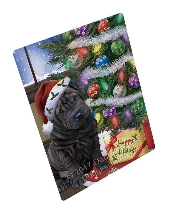 Christmas Happy Holidays Shar Pei Dog with Tree and Presents Art Portrait Print Woven Throw Sherpa Plush Fleece Blanket
