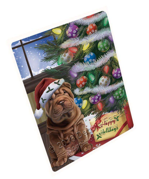 Christmas Happy Holidays Shar Pei Dog with Tree and Presents Blanket BLNKT102045
