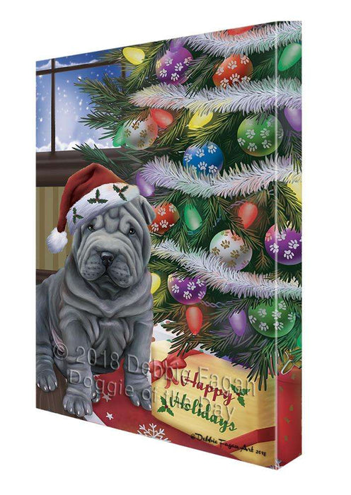 Christmas Happy Holidays Shar Pei Dog with Tree and Presents Canvas Print Wall Art Décor CVS102545