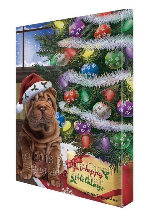 Christmas Happy Holidays Shar Pei Dog with Tree and Presents Canvas Print Wall Art Décor CVS102554