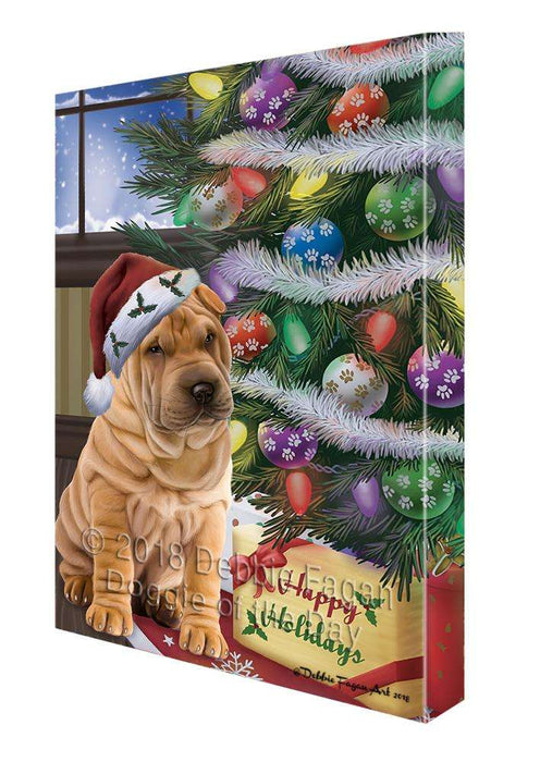 Christmas Happy Holidays Shar Pei Dog with Tree and Presents Canvas Print Wall Art Décor CVS102563