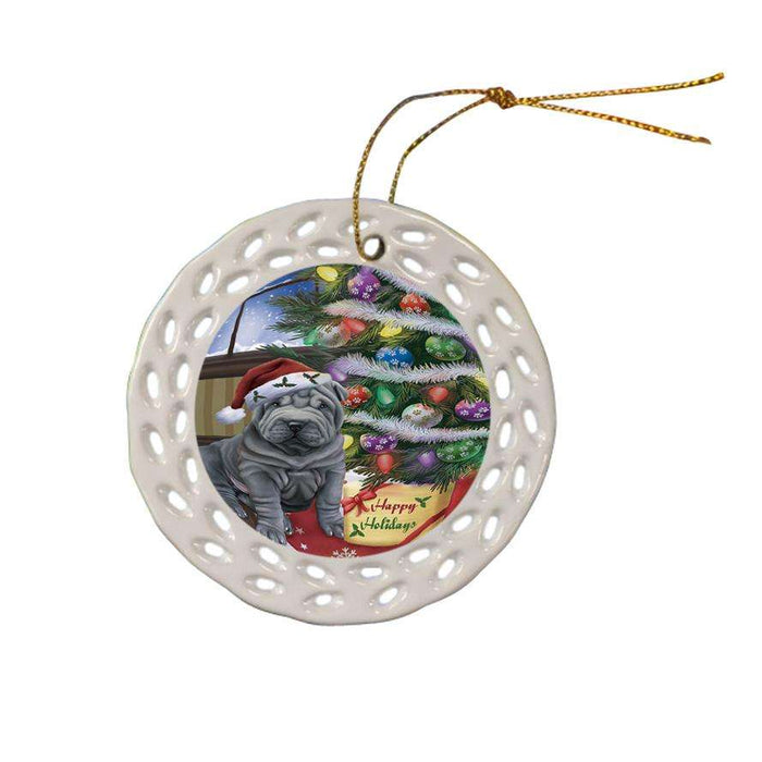 Christmas Happy Holidays Shar Pei Dog with Tree and Presents Ceramic Doily Ornament DPOR53855