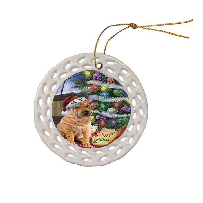 Christmas Happy Holidays Shar Pei Dog with Tree and Presents Ceramic Doily Ornament DPOR53857