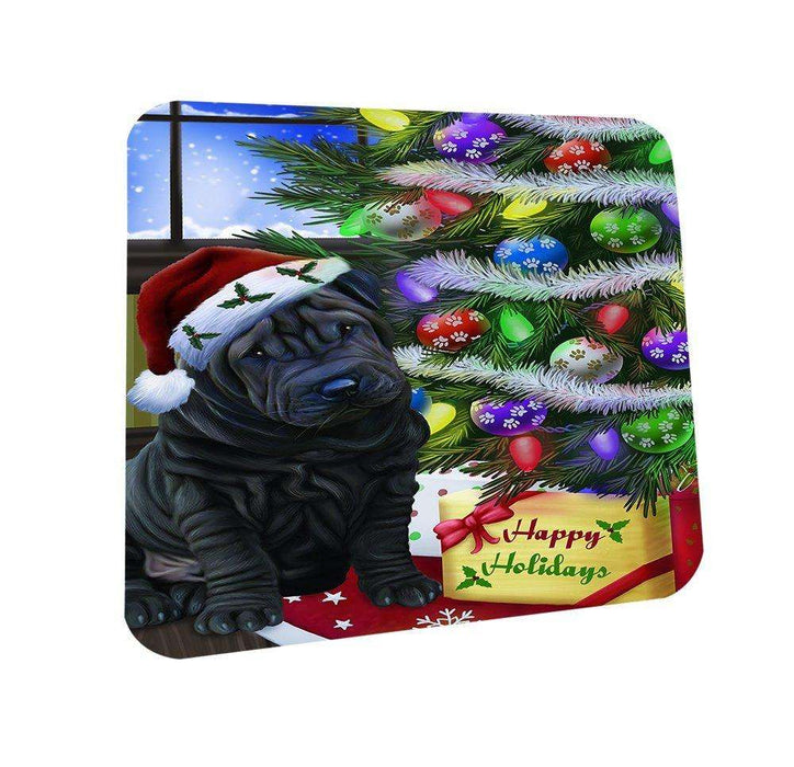 Christmas Happy Holidays Shar Pei Dog with Tree and Presents Coasters Set of 4