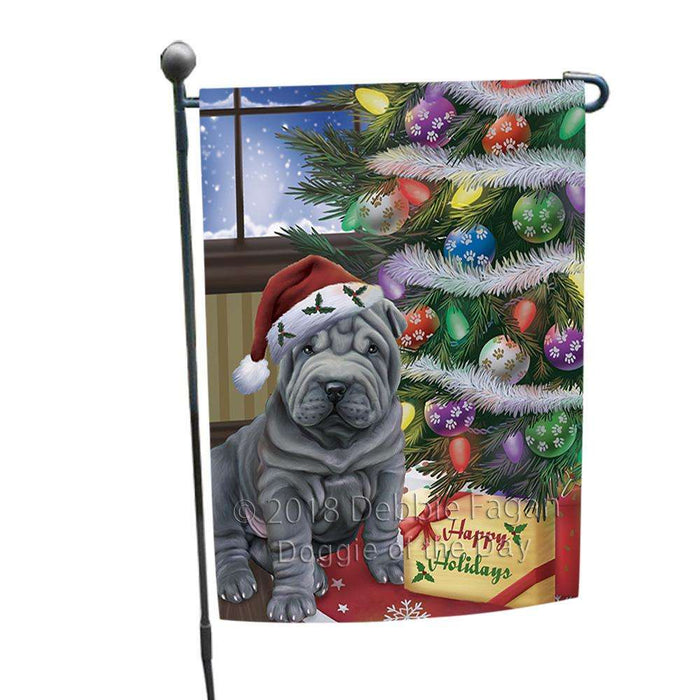 Christmas Happy Holidays Shar Pei Dog with Tree and Presents Garden Flag GFLG53917