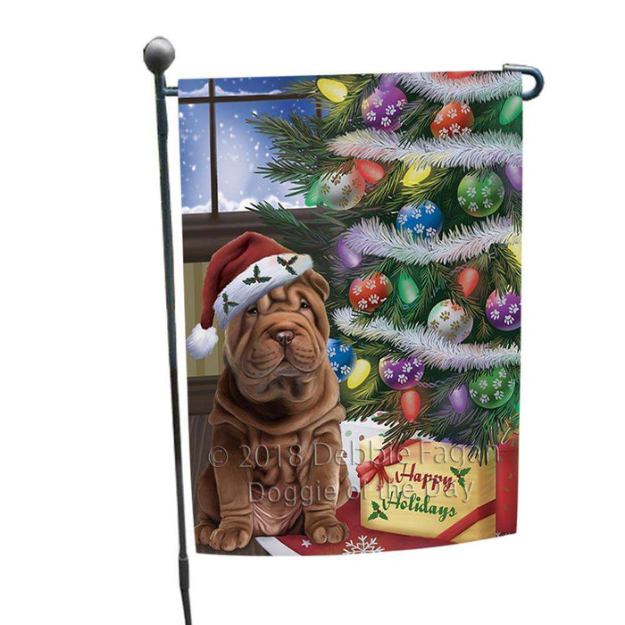 Christmas Happy Holidays Shar Pei Dog with Tree and Presents Garden Flag GFLG53918