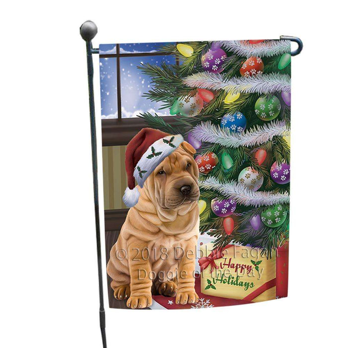 Christmas Happy Holidays Shar Pei Dog with Tree and Presents Garden Flag GFLG53919