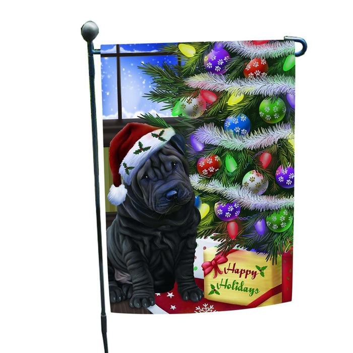 Christmas Happy Holidays Shar Pei Dog with Tree and Presents Garden Flag