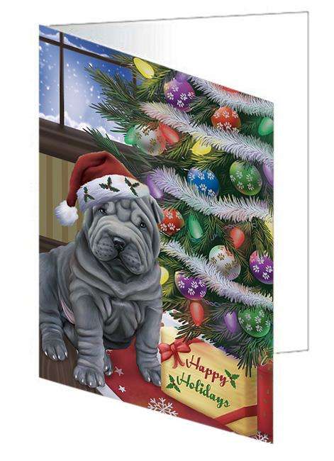 Christmas Happy Holidays Shar Pei Dog with Tree and Presents Handmade Artwork Assorted Pets Greeting Cards and Note Cards with Envelopes for All Occasions and Holiday Seasons GCD65594