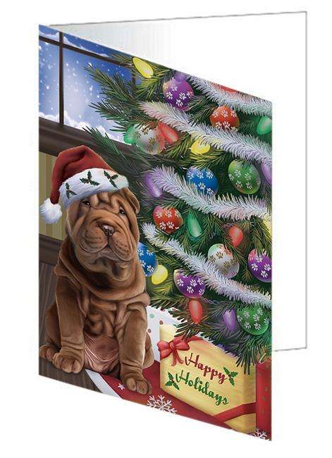 Christmas Happy Holidays Shar Pei Dog with Tree and Presents Handmade Artwork Assorted Pets Greeting Cards and Note Cards with Envelopes for All Occasions and Holiday Seasons GCD65597