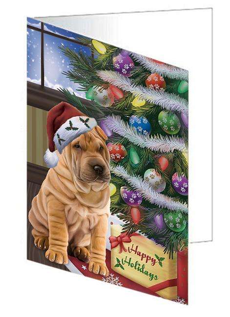 Christmas Happy Holidays Shar Pei Dog with Tree and Presents Handmade Artwork Assorted Pets Greeting Cards and Note Cards with Envelopes for All Occasions and Holiday Seasons GCD65600