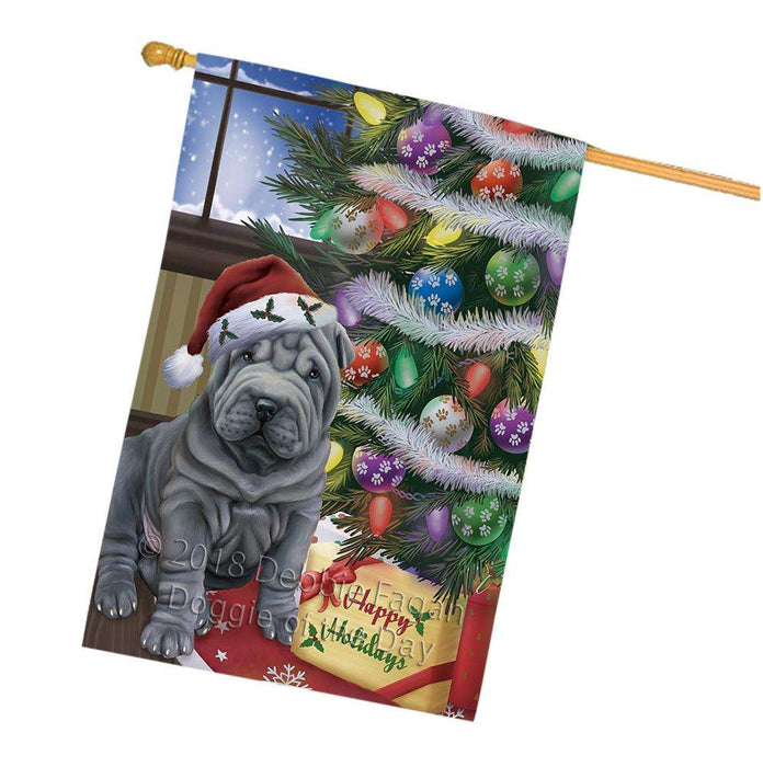 Christmas Happy Holidays Shar Pei Dog with Tree and Presents House Flag FLG54053