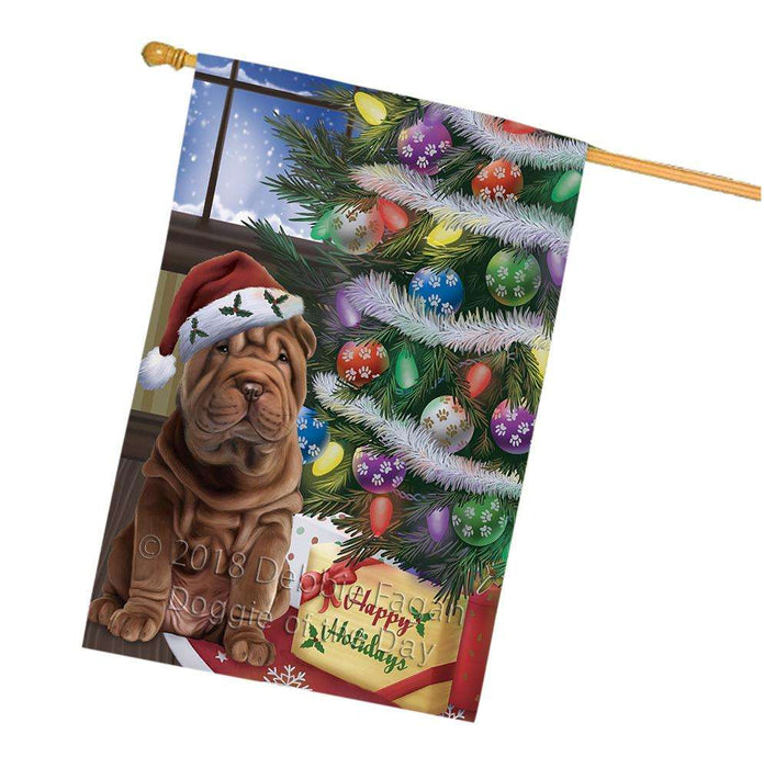 Christmas Happy Holidays Shar Pei Dog with Tree and Presents House Flag FLG54054