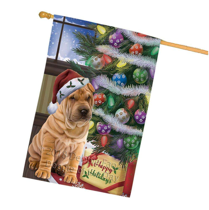 Christmas Happy Holidays Shar Pei Dog with Tree and Presents House Flag FLG54055