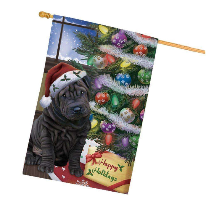 Christmas Happy Holidays Shar Pei Dog with Tree and Presents House Flag