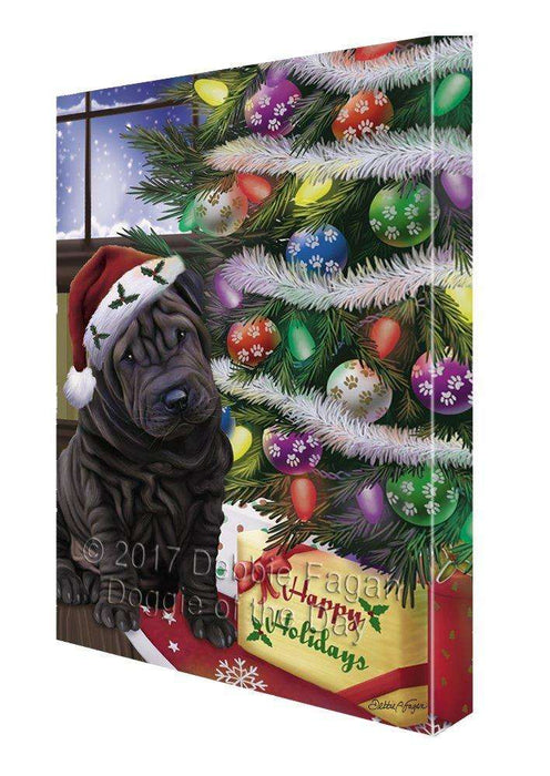 Christmas Happy Holidays Shar Pei Dog with Tree and Presents Painting Printed on Canvas Wall Art