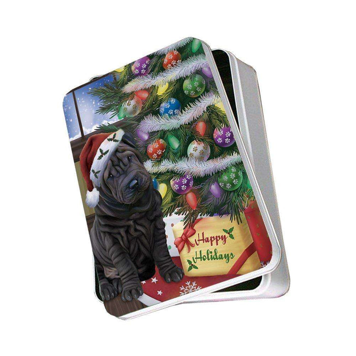 Christmas Happy Holidays Shar Pei Dog with Tree and Presents Photo Storage Tin