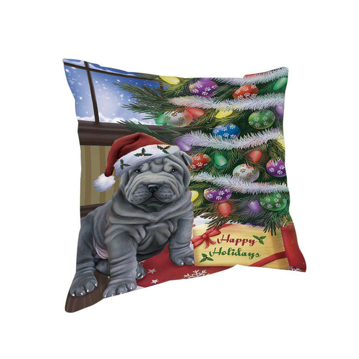 Christmas Happy Holidays Shar Pei Dog with Tree and Presents Pillow PIL72044