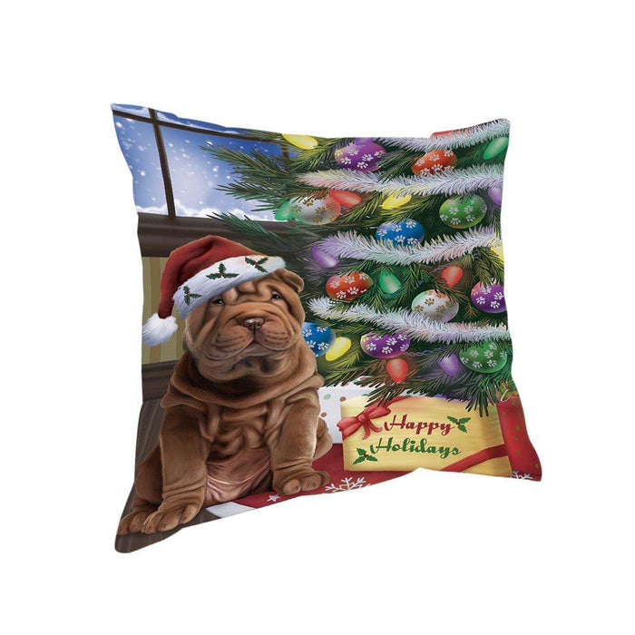 Christmas Happy Holidays Shar Pei Dog with Tree and Presents Pillow PIL72048