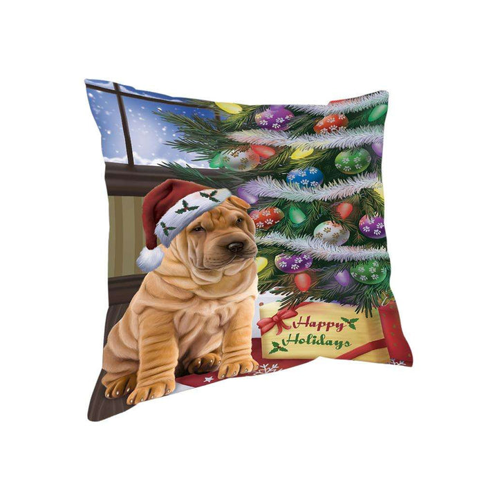 Christmas Happy Holidays Shar Pei Dog with Tree and Presents Pillow PIL72052