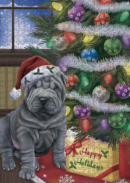 Christmas Happy Holidays Shar Pei Dog with Tree and Presents Puzzle with Photo Tin PUZL82576