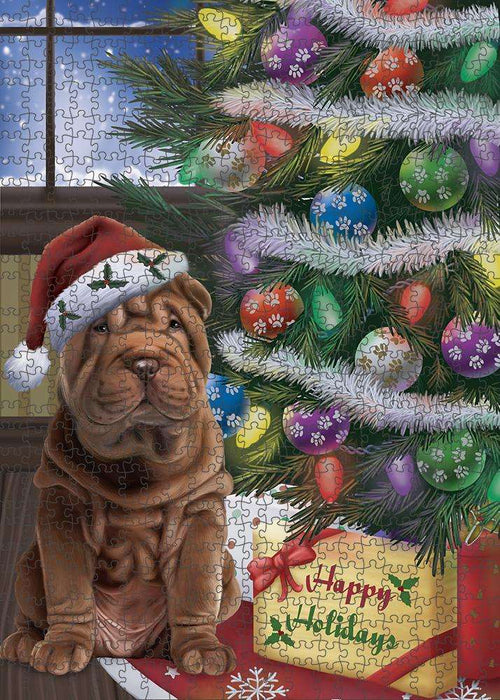 Christmas Happy Holidays Shar Pei Dog with Tree and Presents Puzzle with Photo Tin PUZL82580