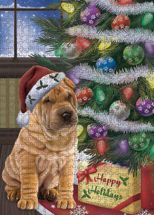 Christmas Happy Holidays Shar Pei Dog with Tree and Presents Puzzle with Photo Tin PUZL82584
