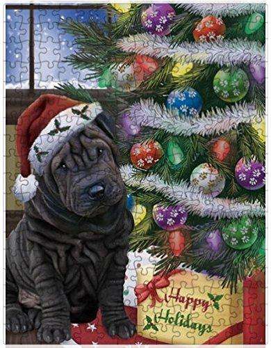 Christmas Happy Holidays Shar Pei Dog with Tree and Presents Puzzle with Photo Tin