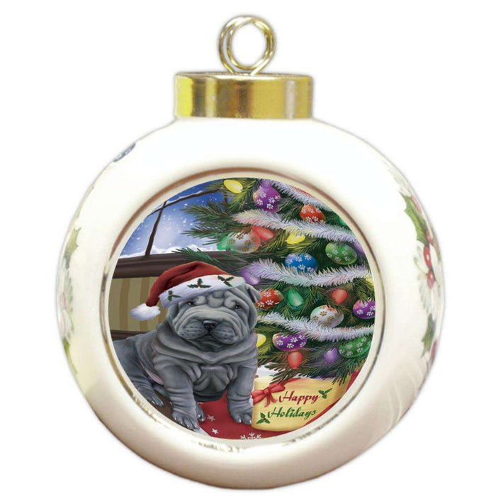 Christmas Happy Holidays Shar Pei Dog with Tree and Presents Round Ball Christmas Ornament RBPOR53855