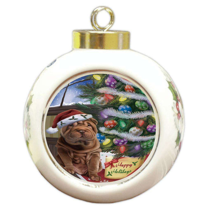 Christmas Happy Holidays Shar Pei Dog with Tree and Presents Round Ball Christmas Ornament RBPOR53856